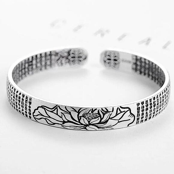 Sterling Silver Lotus Flower Bracelet Bangle Cuff Flower 925 Stamped - Picture 2 of 7